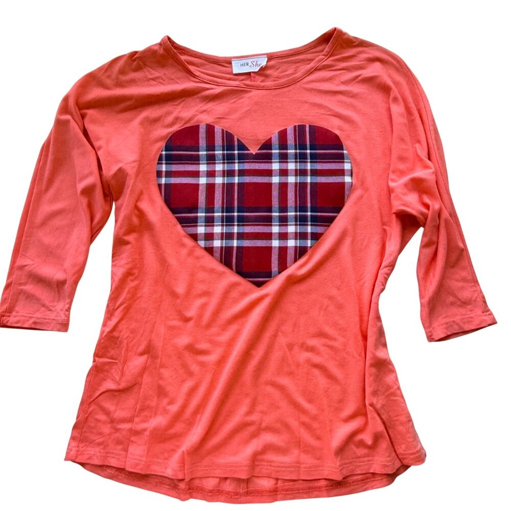 Her She Girls Shirt Size 6/7 Coral Plaid Heart Lightweight Casual